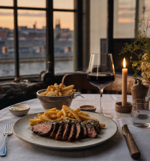 Dækket bistrobord med steak frites og rødvin i aftenlys