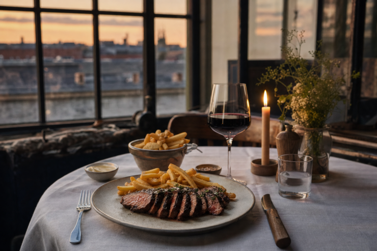 Dækket bistrobord med steak frites og rødvin i aftenlys